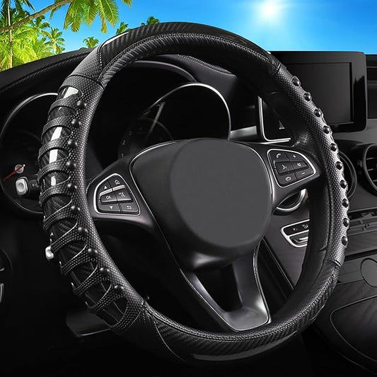 3D Massage Car Steering Wheel Cover,14.5-15 Inch Universal Black Carbon Fibre Leather Covers Breathable Anti-Slip Odorless Steering Wheels Accessories for Men Women
