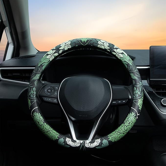 Sage Green Floral Steering Wheel Cover Auto Leather Steering Wheel Protector, Anti-Slip, Breathable, Absorbing Sweat, Universal Floral Car Accessories 14.5–15 inch,Fit for Most Car, Trucks, SUV