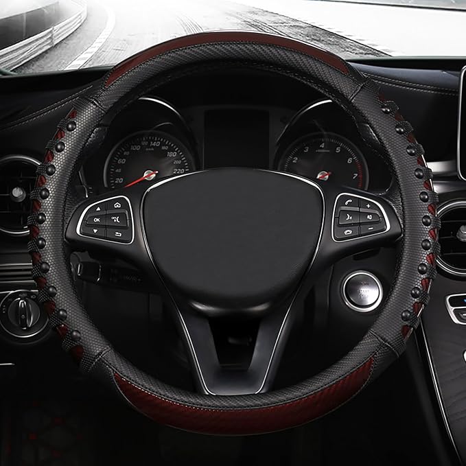 3D Massage Car Steering Wheel Cover,14.5-15 Inch Universal Brown Carbon Fibre Leather Covers Breathable Anti-Slip Odorless Steering Wheels Accessories for Men Women