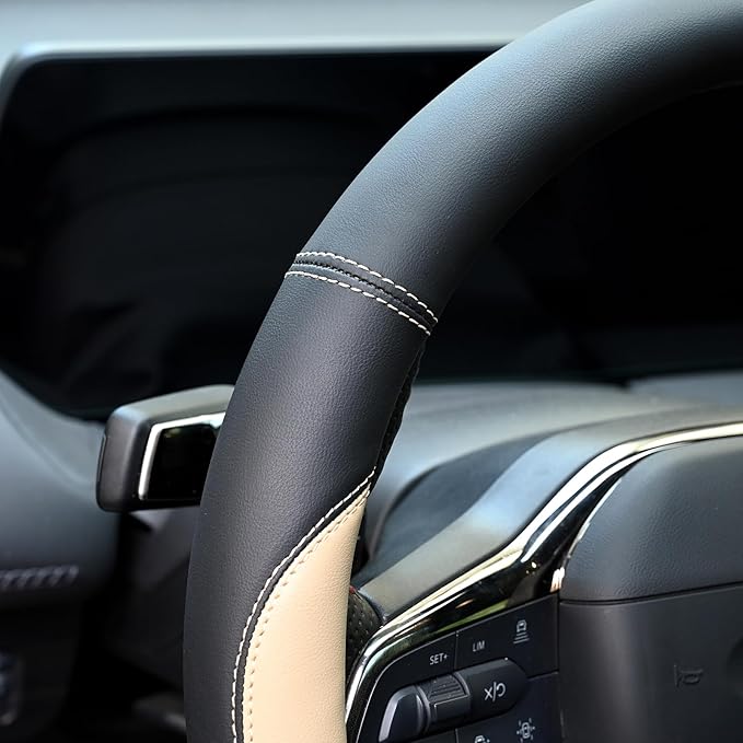 Valleycomfy Microfiber Leather Steering Wheel Covers Universal 15 inch （Beige）