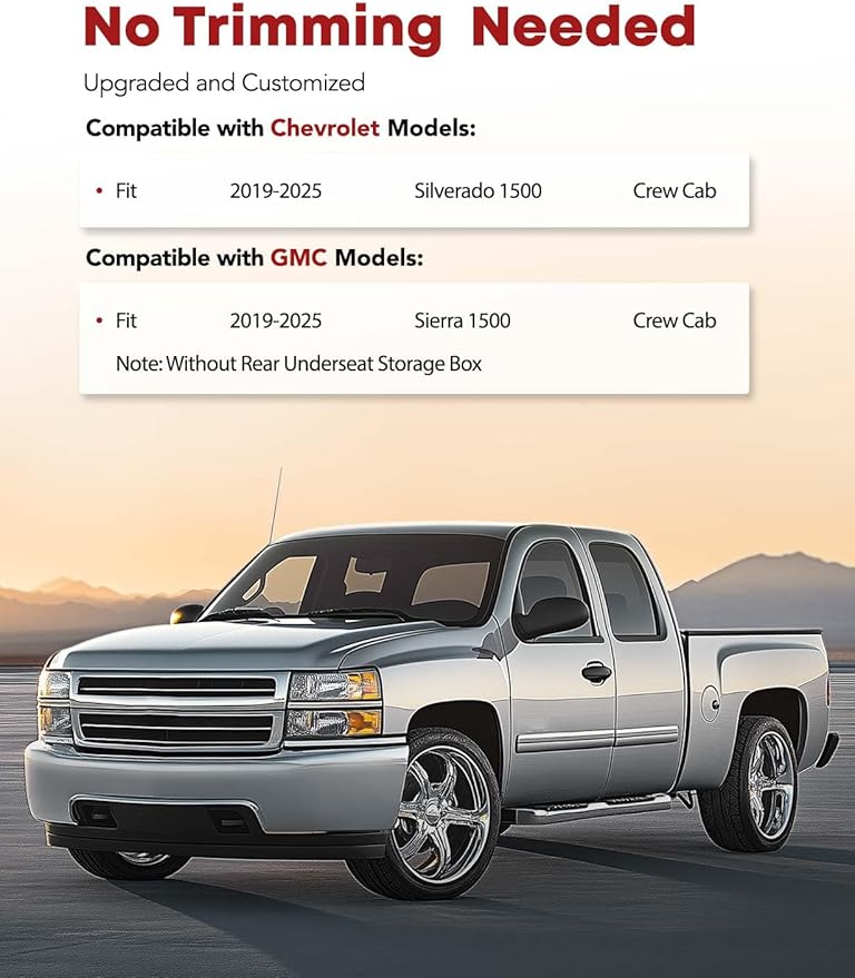 YHTAUTO Floor Mats Fit 2019-2025 Chevy Silverado/GMC Sierra 1500 Crew Cab (w/o Rear Underseat Storage Box), TPE All Weather Car Mats Waterproof Odorless Floor Liner, 1st & 2nd Row Liner