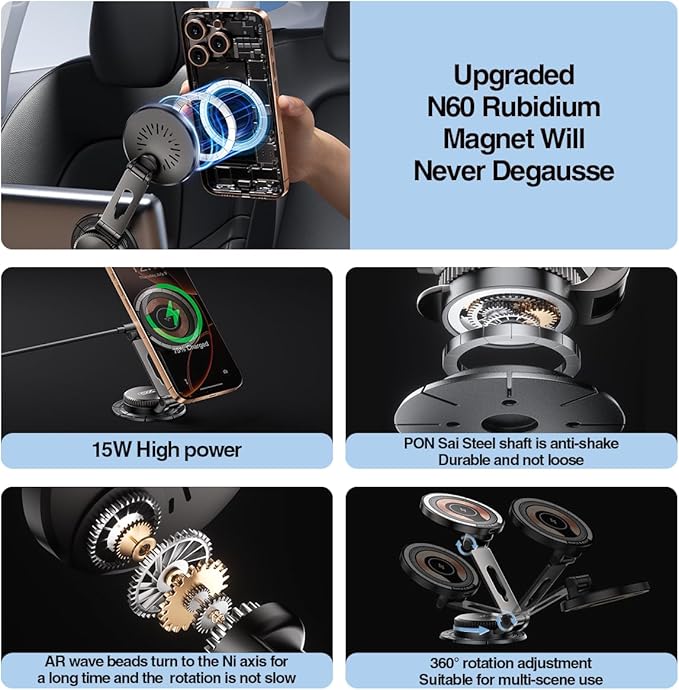 15W Magnetic Wireless Car Mount Charger,XO Foldable and Adjustable Fast Charging Phone Holder, Ultra Mag Safe Car Charger for iPhone 16 15 14 13 12, Gifts for Men/Women
