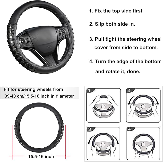West Llama Microfiber Leather Car Steering Wheel Cover for Men Women,Universal Fit 15.5-16 inch(Leather Nails-Black-Large Size)