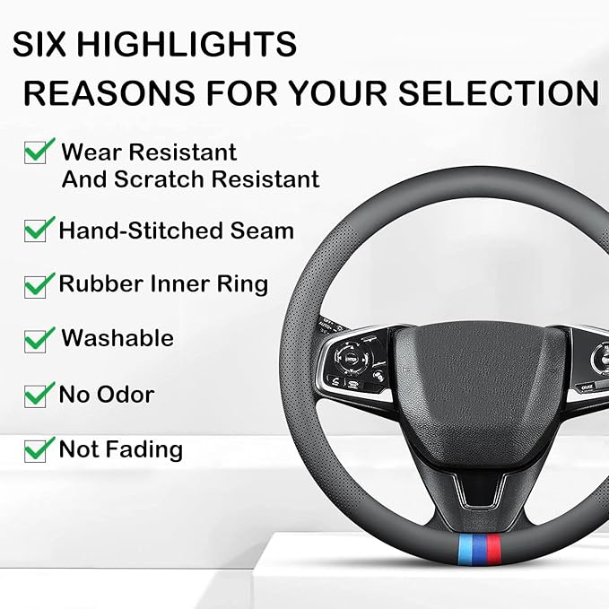 Tricolor Stripes Car Steering Wheel Cover,14.5-15 Inch Universal Nappa Leather 3D Mesh Covers Breathable Anti-Slip Odorless Steering Wheels Accessories for Men Women