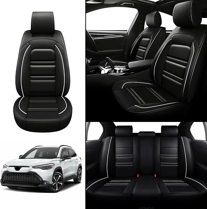 Seat Covers for Toyota Corolla Cross 2022-2025 | 5-Seats Leather Seat Covers, Easy to Install Automotive Seat Covers Full Set (Full Set, Black&White Line)