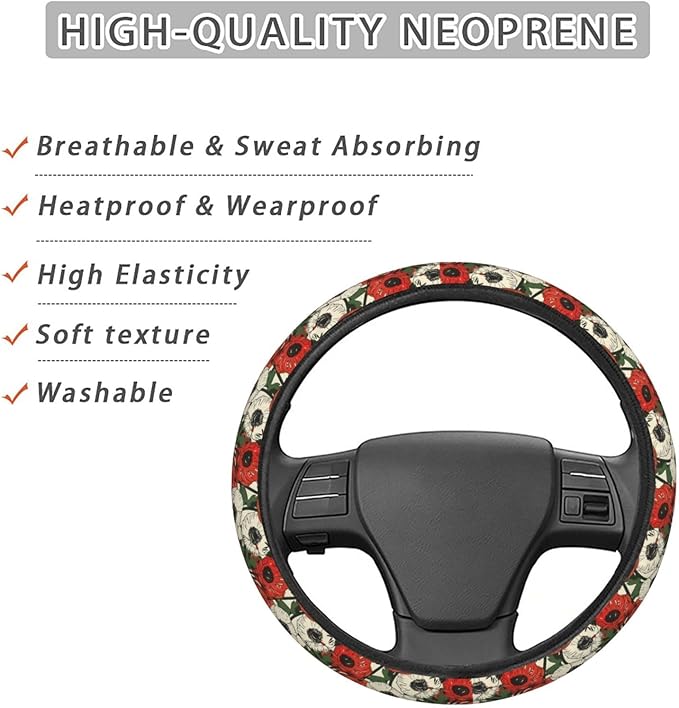 Poppy Flowers Pattern Steering Wheel Covers Anti-Slip Elasticity Car Accessories Steering Wheel Protector Universal 15 Inch for Cars SUV Vehicle Truck