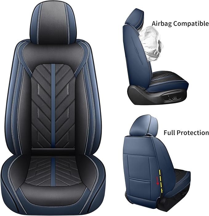 Tomatoman Front Seat Covers,Universal Waterproof Leather Car Seat Full Coverage Protectors Automotive Vehicle Cushion Fit for Most Sedans SUV Pick-up Truck(2PCS Front/Black-Blue)