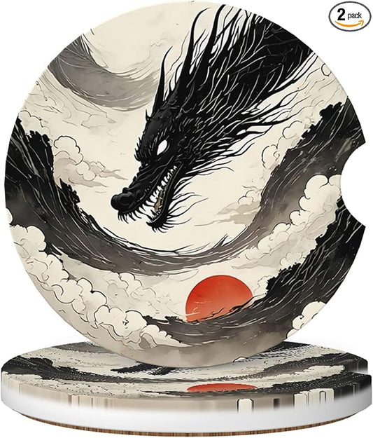 Absorbent Car Coasters for Cup Holders, 2 Pack Universal Anti Slip Ceramic Cup Coaster for Women Men 2.56 Inch Car Interior Accessories - Black Dragon 016