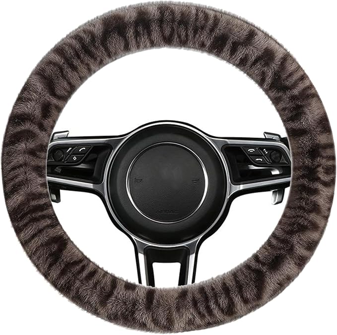 Fluffy Cheetah Car Steering Wheel Cover Luxurious Faux Fur Leopard Print Cute Wheel Protector Universal 15 Inch Fit for Vehicle, Car, Auto, SUV Winter Warm (Brown)