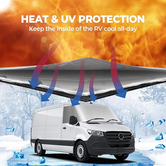 BougeRV RV Windshield Window Snow Cover for Class B Dodge Mercedes Sprinter (2006-2015) for Front Window Sunshade Accessories with Mirror Cutouts, Silver