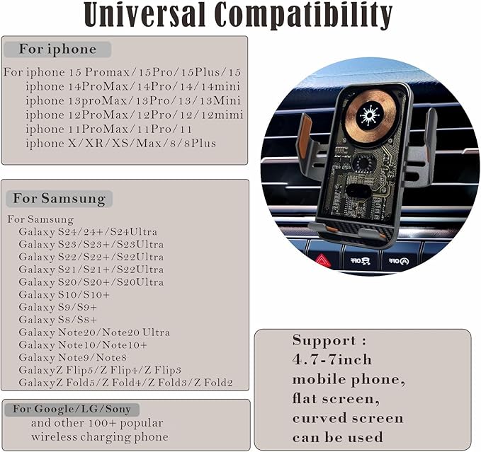 Wireless Car Charger Mount, 15W Fast Charging Auto Clamping Car Charger Holder for iPhone/Samsung for iPhone 16 15 14 13 12 11 Pro,Samsung Galaxy S25 S24 Ultra S23 S22 S21 S20