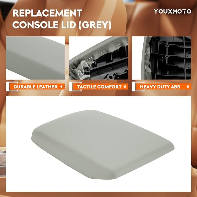 Youxmoto Center Console Lid Fit for Toyota Highlander 2008 2009 2010 2011 2012 2013 2014; Grey Armrest Cover PU Leather and ABS Back Plate