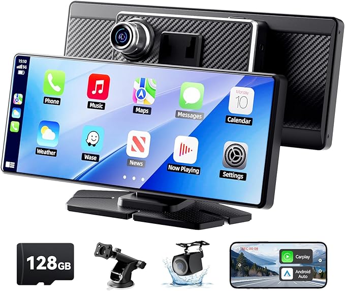 Carplay Screen for Car, 8.1" HD Portable Touch Screen Car Stereo with Android Auto, 4K Dash Cam, 1080P Backup Camera, GPS Navigation, Mirror Link, Bluetooth, AUX, FM Transmitter