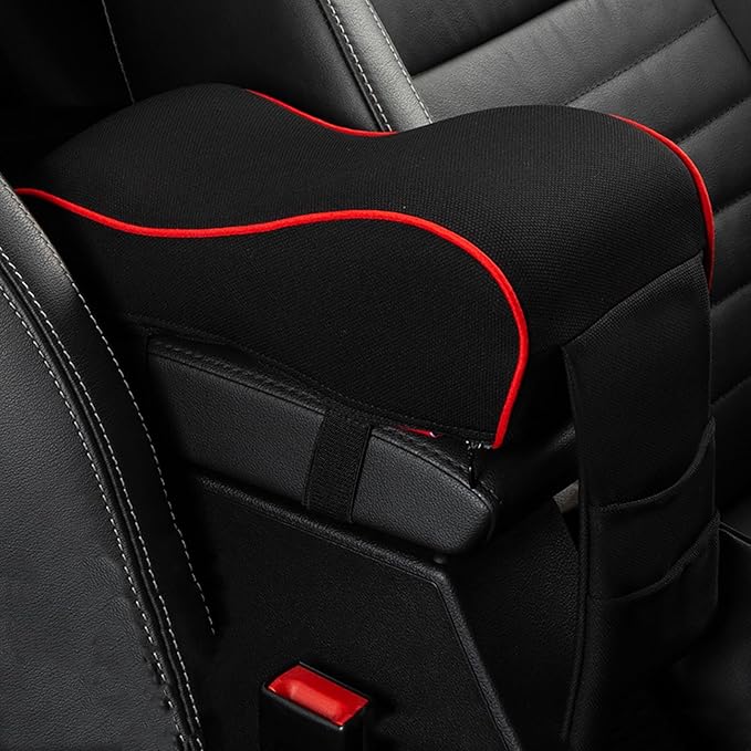 Auto Center Console Armrest Pillow Pad, Car Armrest Cushion Soft Memory Foam with Phone Holder Storage, Pockets Bag Seat Cushion Universal Fit for Most Car (Black & Red)