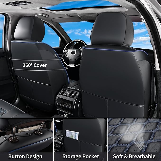 Huidasource Silverado Truck Seat Covers Fit for Chevy Chevrolet Silverado Sierra 1500 2007-2025, 2500HD 3500HD 2015-2025 Crew Double Extended Cab Waterproof Car Seat Protector(Front Pair/Black&Blue)