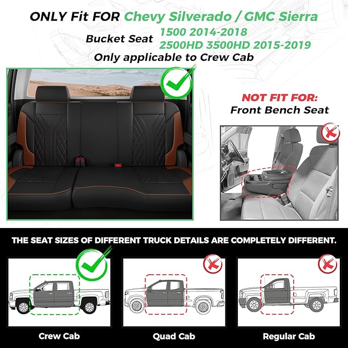 for Chevy Silverado GMC Sierra Waterproof Seat Covers, Crew Cab 1500 2014-2018, 2500HD 3500 HD 2015-2019, Truck Protectors Accessories Full Set, Black Brown
