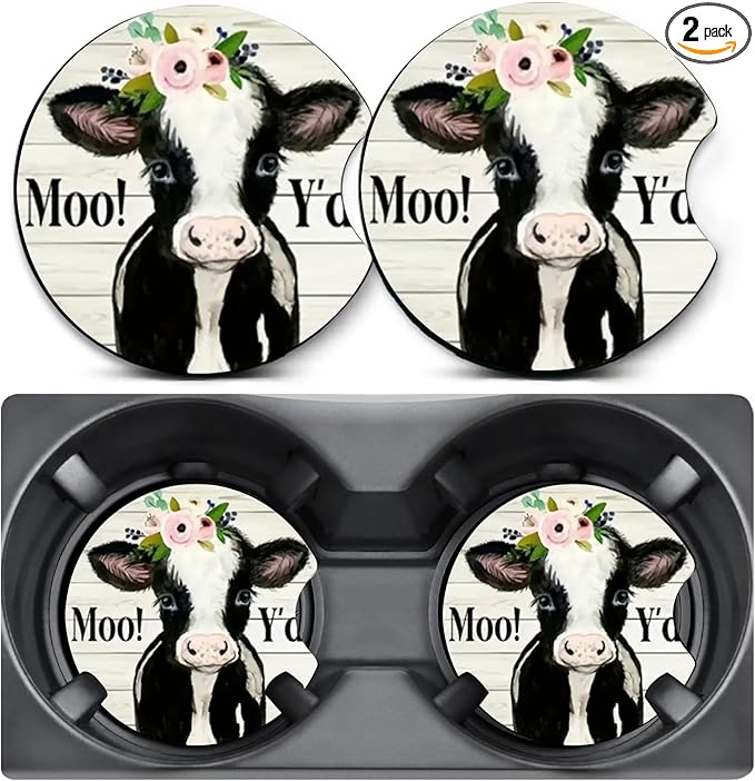 2 Pack Car Coasters for Cup Holders,Cow Car Cup Holder Coasters,2.75" Universal Size Anti Slip Rubber Mat,Automotive Interior Accessories,Automotive Cup Holder Decor,Cow Gifts for Women,Men
