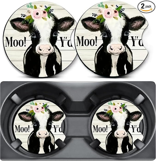 2 Pack Car Coasters for Cup Holders,Cow Car Cup Holder Coasters,2.75" Universal Size Anti Slip Rubber Mat,Automotive Interior Accessories,Automotive Cup Holder Decor,Cow Gifts for Women,Men