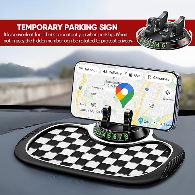 Wuyaoyao Multifunction Car Anti-Slip Mat Auto Phone Holder, PVC Car Dashboard Non-Slip Pad Phone Mount with Temporary Parking Number, Automotive Sticky Dash Pad for Phones, Keys, Gadgets (Black+White)
