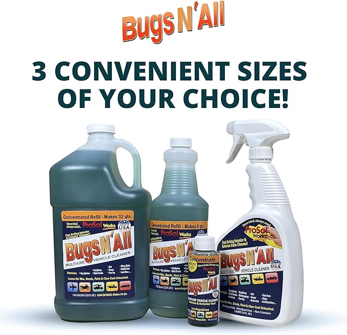Bugs N’ All Multipurpose Car Cleaner & Degreaser - Bug & Tar Remover Concentrate 4 oz - Exterior Cleaner Safe for Car Paint, Metal, Chrome, Aluminum, Windows & Mirrors - w/Free 32 oz Spray Bottle