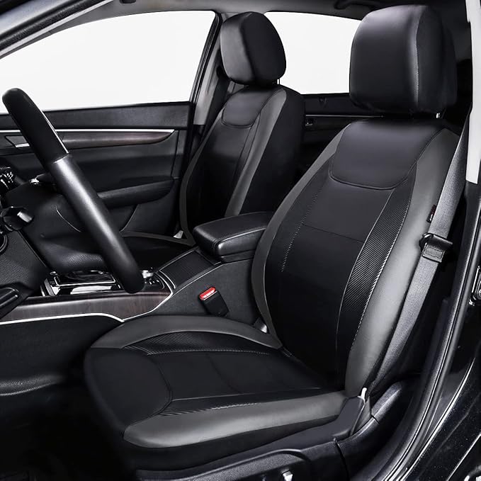Flying Banner car seat Covers Protects Water Proof Faux Leather Carbon Fiber Front and Rear Bench (Gray Black, Full Set - 9PCS)