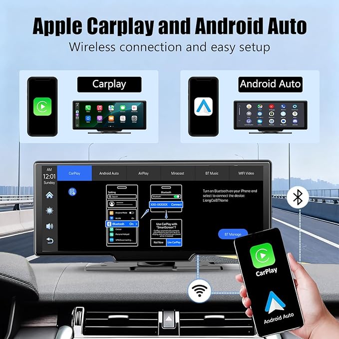 10.26″ Wireless Apple CarPlay & Android Auto Touchscreen – Portable Car Dashboard with 4K Front DVR, 1080P Rear Camera, GPS Navigation, Loop Recording, Mirror Link, Voice Control