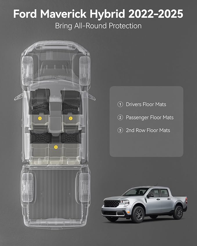 3W Floor Mats Fit for Ford Maverick Hybrid 2022 2023 2024 2025, TPE All Weather Custom Fit Floor Liner Car Accessories 1st and 2nd Row Full Set Car Liners (Only for Hybrid)