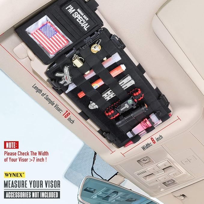 WYNEX Car Visor Organizer with Detachable Card Pouch | Auto Sun Visor Storage Molle Panel with Elastic Webbing Slots for Glasses & Tactical Gear | Fit Most Vehicle, SUVs & Trucks (2, Black (2-Pack))