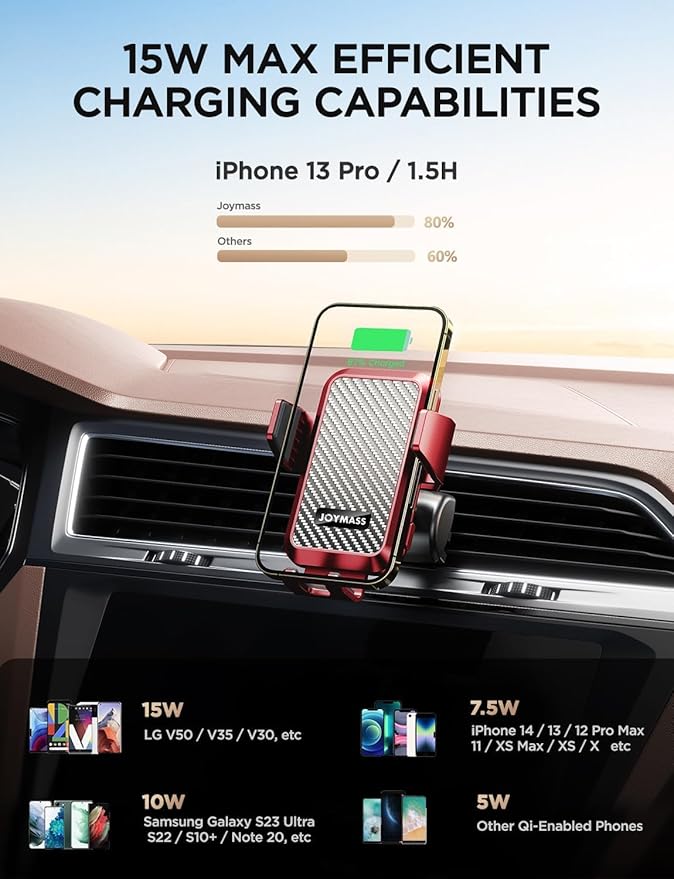 Wireless Car Charger, Phone Holders for Your Car, 15W Auto Clamping Phone Mount Car Accessories for iPhone 16 15 14 13 12 Mini Pro Max 11, Samsung Galaxy S24 Ultra S23 S22+ Note 20, etc - Red