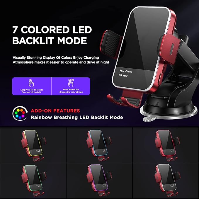 Wireless Car Charger,【7 Colored RGB Backlit】Mosurr 15W Auto Clamping Car Charger Phone Mount Holder fit for iPhone 15 14 13 12 Mini Pro Max 11 XR XS, Samsung Galaxy S24 Ultra S23 S22 S21+ Note 20, etc