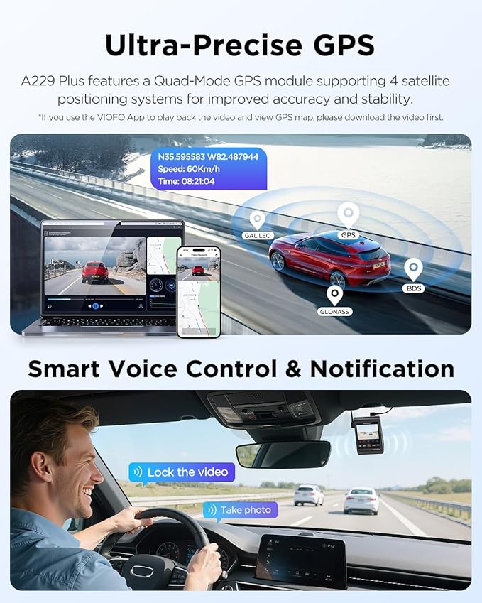 VIOFO A229 Plus Dash Cam Front and Rear, Dual STARVIS 2 Sensors, 2 Channel HDR, 1440P+1440P Voice Control Car Dash Camera, 5GHz Wi-Fi, Voice Control, Ultra-Precise GPS (SD Card Not Included)