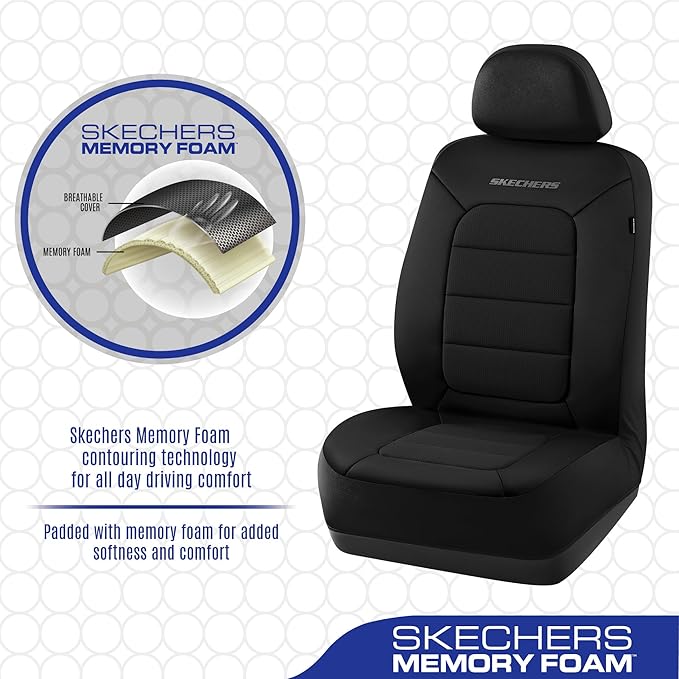 Skechers Memory Foam Car Seat Covers,Thick Cool Touch Fabric Seat Covers Front Seat Covers Airbag Compatible,Automotive Comfort Protection for Most Cars,Vans,Trucks,SUV,Black