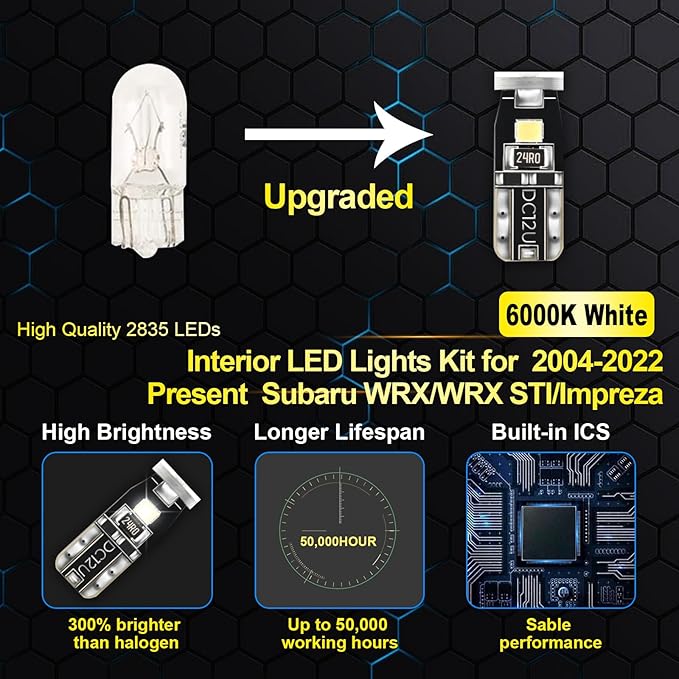 EASY EAGLE LED Interior Car Lights for WRX/WRX-STI/Impreza-2004-2022: 8 Piece Kit White LED Light Bulbs - Super Bright 6000K + Install Tool