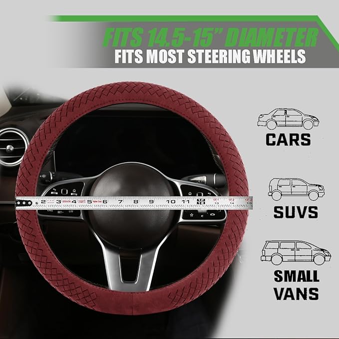 Suede Steering Wheel Cover with Upgraded Silicone Inner Ring, Breathable, Anti-Slip, Leather Universal 14.5 to 15 Inch Steering Wheel Cover (Burgundy with Handwoven Craft)
