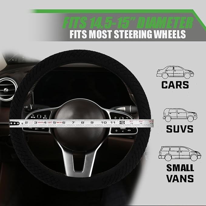 Suede Steering Wheel Cover with Upgraded Silicone Inner Ring, Breathable, Anti-Slip, Leather Universal 14.5 to 15 Inch Steering Wheel Cover (Black with Handwoven Craft)