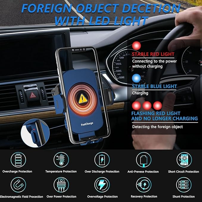 Wireless Car Charger, Fast Charging 15W Auto Clamping Car Charger Phone Holder Phone Mount for iPhone17 16 15 14 13 12 11 Pro Max Xs, Samsung Galaxy S23 Ultra S22 S21 S20 S10+ Note 9, etc(Blue)