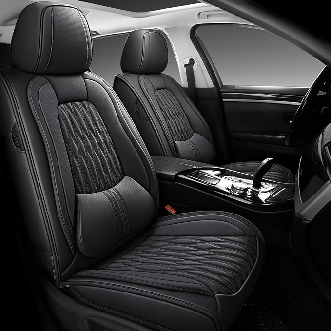 WELLDO Car Seat Covers Full Set, Premium Nappa Leather Seat Covers for Car, Waterproof Car Seat Protector with Lumbar Support, Automotive Seat Covers Universal Fit for Most Cars SUV Truck(Black-w02)
