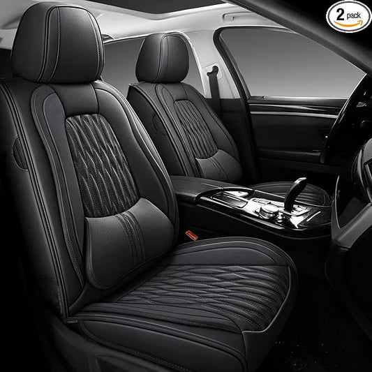 WELLDOCar Seat Covers Full Set, Premium Nappa Leather Seat Covers for Car, Waterproof Car Seat Protector with Lumbar Support, Automotive Seat Covers Universal Fit for Most Cars SUV Truck, Black,w02.