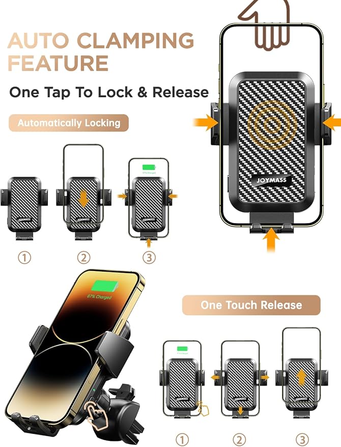 Wireless Car Charger, 15W Fast Charging Auto Clamping Car Charger Cell Phone Holder Mount Vent for iPhone 15 14 13 12 Mini Pro Max 11 XR XS X, Samsung Galaxy S23 Ultra S22 S21+ Note 20, etc