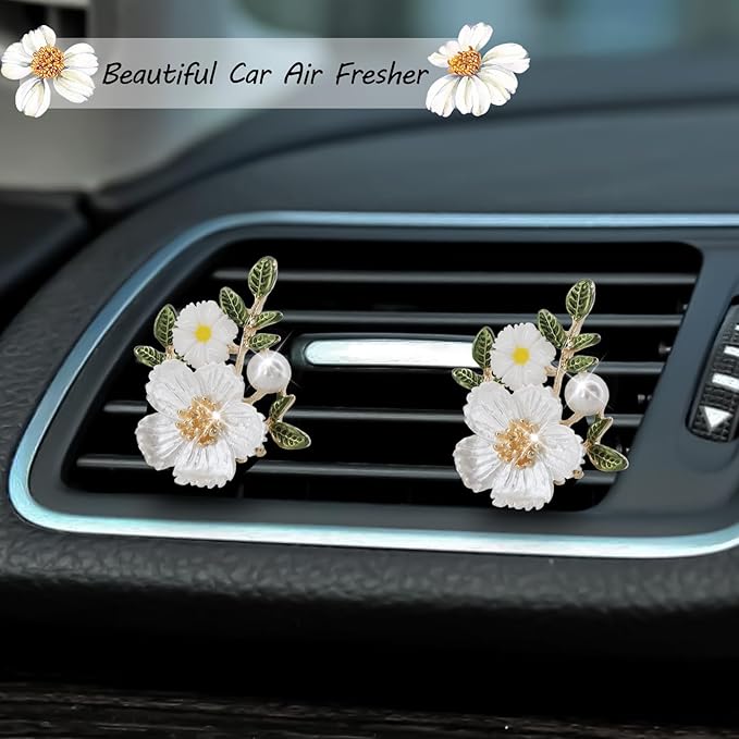 Flower Car Accessories,2pcs White Daisy Bouquet Air Freshener Vent Clips,Car Interior DashBoard Decorations Aesthetics for Women,Refillable Aroma Diffuser