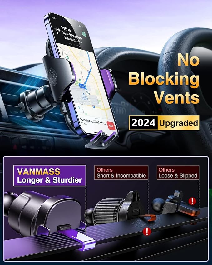 VANMASS [True Military-Grade] Car Phone Holder [Upgraded Suction & Clip] Cell Phone Mount for Dashboard Windshield Vent Truck Cradle Dash Stand for iPhone 16 Pro Max 15 14 13 12 Android, Purple