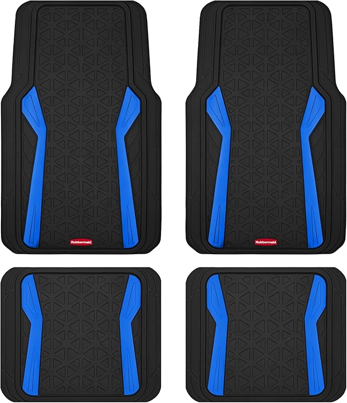 Rubbermaid Car Floor Mats Full Set, Premium Heavy Duty All-Weather Car Mats– Rugged Rubber with Brushed Aluminum Inserts, Universal Trim-to-Fit, Anti-Slip Backing for Cars, SUVs, Trucks & Vans - Blue