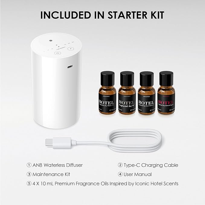 Airversa Waterless Essential Oil Diffuser Starter Kit with 4 x 10mL Hotel Scent Fragrance Oil, Battery Operated Mini Scent Air Machine Portable Diffuser for Home Car Office, AN8 Kit White