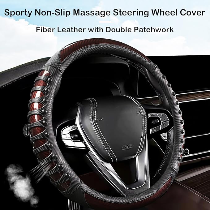 3D Massage Car Steering Wheel Cover,14.5-15 Inch Universal Brown Carbon Fibre Leather Covers Breathable Anti-Slip Odorless Steering Wheels Accessories for Men Women
