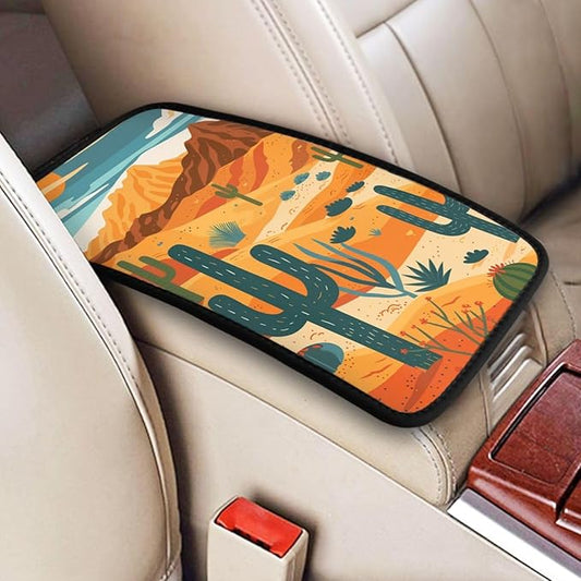 Universal Car Center Console Cushion Pad, Desert Cactus Soft Waterproof Car Center Console Cover Auto Armrest Seat Box Cover Protector for Most Vehicle SUV Truck Car