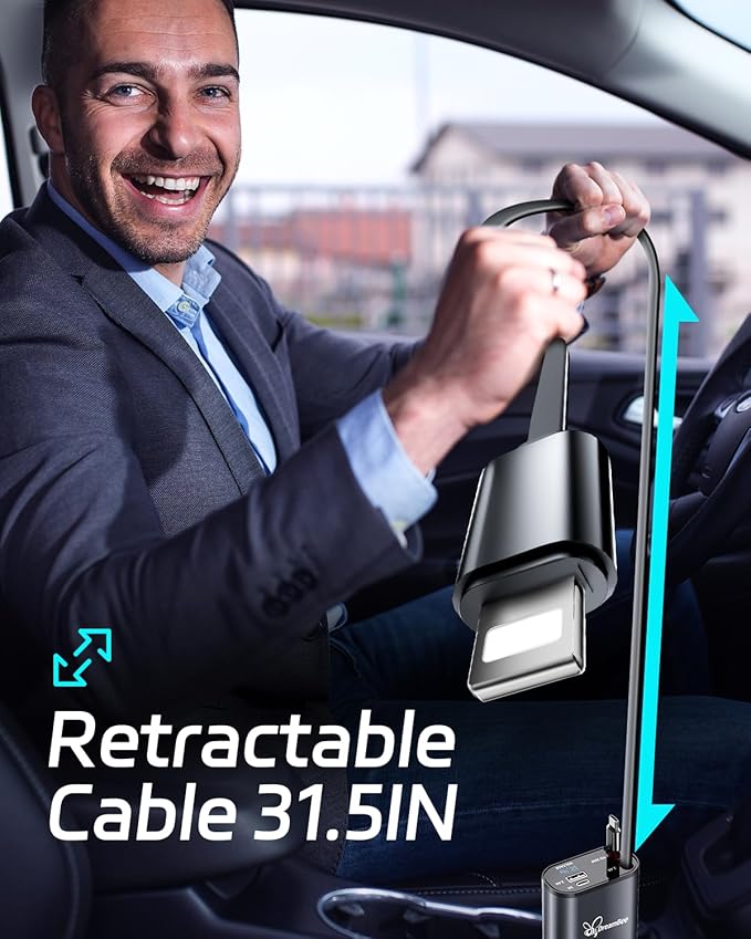 DreamBee Retractable Car Charger,66W 4 in 1 Super Fast Charge Car Phone Charger,Gifts for Men Women Car Truck Accessories for iPhone 17/16/15/14/13 Pro Max XR,iPad,Samsung,Pixel