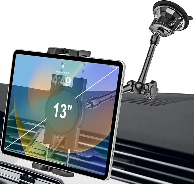 woleyi Heavy Duty Truck Tablet Mount [Metal Arm] Dashboard Windshield Suction Cup Tablet Holder for Trucks/Vehicles, Compatible with iPad Pro Air Mini, Galaxy Tab, Z Fold, Cell Phones, 4.7-13" Devices