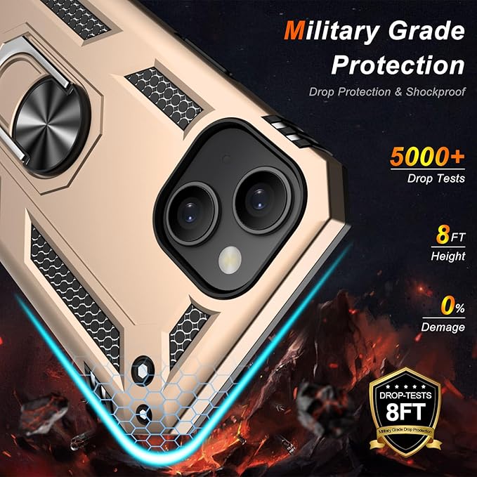 IKAZZ for iPhone 15 Case 6.1 Inch with Screen Protector,Military Grade Shockproof Heavy Duty Protective Phone Cover Pass 16ft Drop Test with Magnetic Kickstand Car Mount Holder,Gold