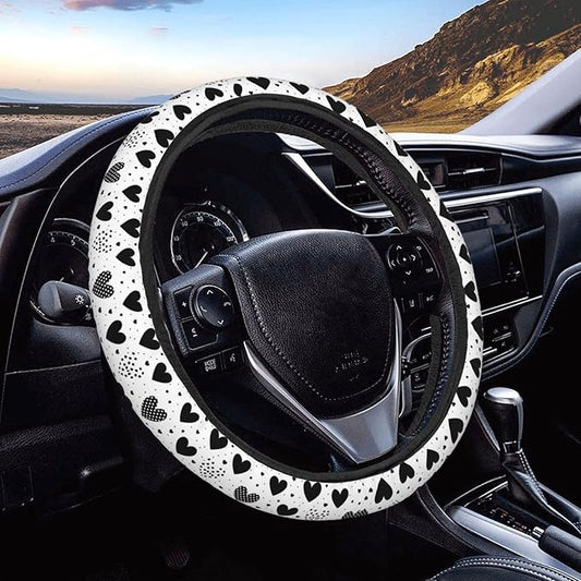 White Black Hearts Polka Dots Love Steering Wheel Covers Anti-Slip Elasticity Car Accessories Steering Wheel Protector Universal 15 Inch for Cars SUV Vehicle Truck