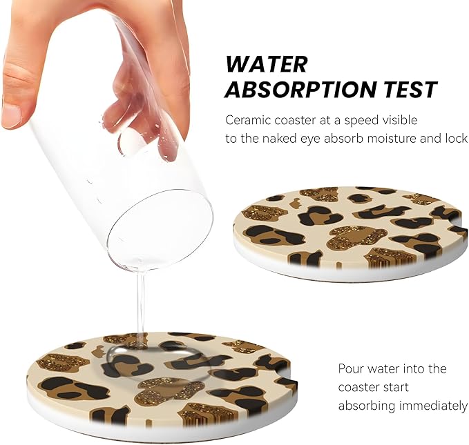 Absorbent Car Coasters for Cup Holders, 2 Pack Universal Anti Slip Ceramic Cup Coaster for Women Men 2.56 Inch Car Interior Accessories - Brown Gold Leopard 006